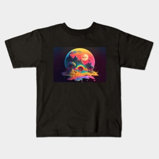 Spooky Moonlit Mountainscape - Psychedelic Landscape - Paint Dripping 3D Illustration - Colorful Haunted Nature Scene Kids T-Shirt